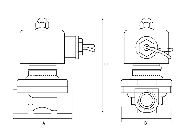 Annotated 2W normally closed solenoid valve diagram