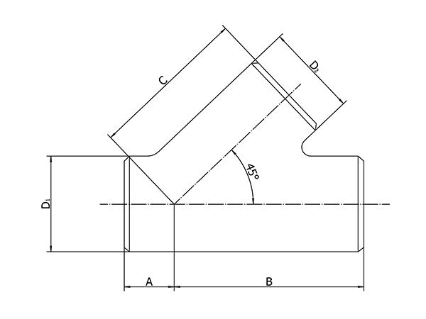45° butt weld equal lateral tee installation dimensional drawing