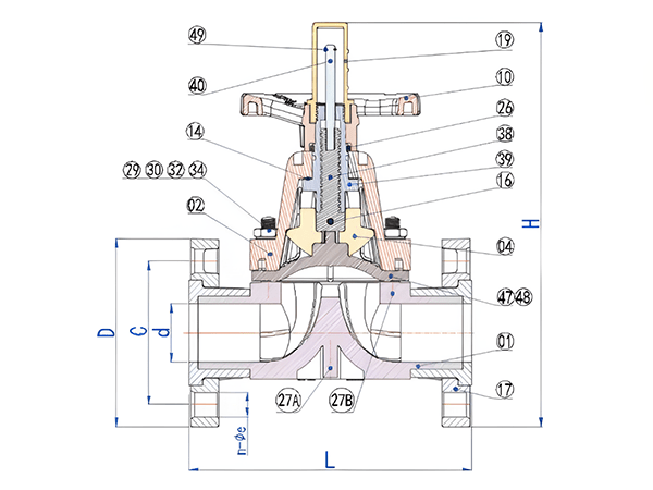KDVF-200 flanged diaphragm valve with part names and size labels