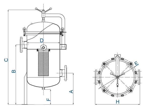 A drawing of BN8 high flow stainless steel precision filter.
