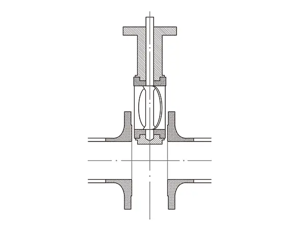 The entire butterfly valve rotates upwards and inserts between the two flanges