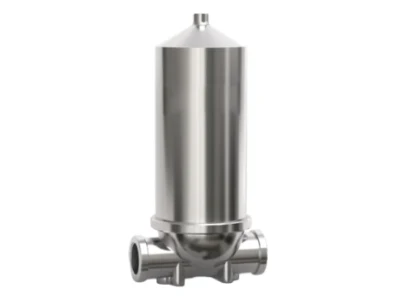A casting single cartridge filter housing on a gray background
