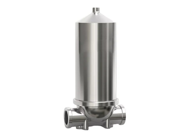 A casting single cartridge filter housing on a gray background