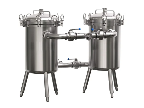 A duplex basket type filter housing on a gray background