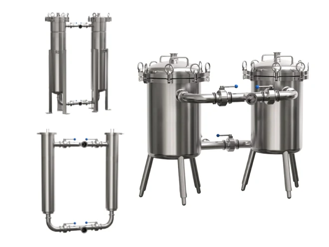 3 different types of duplex filter housings on a gray background