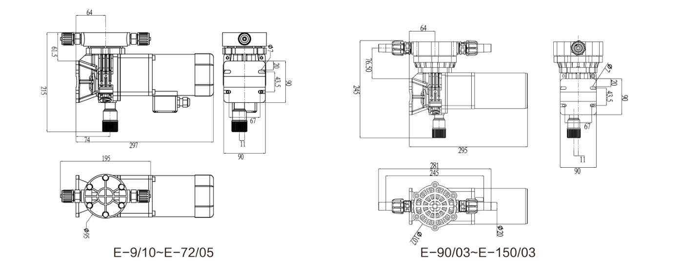 E type mechanical motor dosing pump installation dimensional drawing