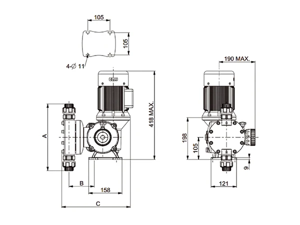 Installation dimensions diagram of the SEKO mechanical diaphragm dosing pump, Kosmo series, model MM1