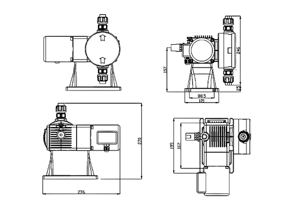 Installation dimensions diagram of the SEKO mechanical diaphragm dosing pump, Kosmo series, MSA model