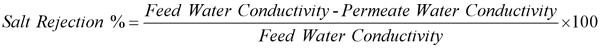 Formula for describing desalination salt rejection in terms of electrical conductivity