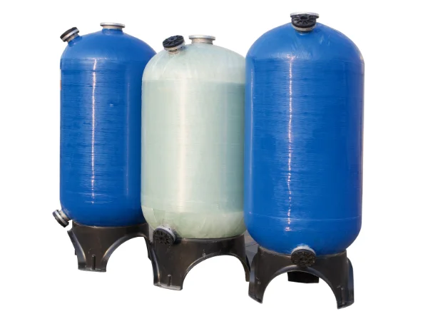 Three FRP tanks with upper filling port and lower discharge port.
