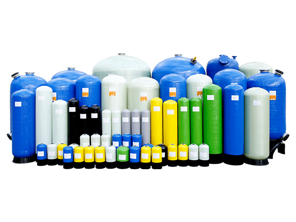 Several different colors and sizes of FRP tanks.