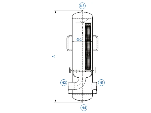 Annotated gas steam filter housing drawing