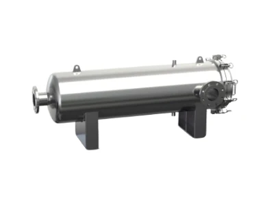 A high flow liquid filter housing on a gray background