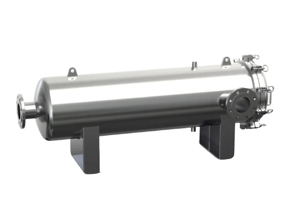 A high flow liquid filter housing on a gray background