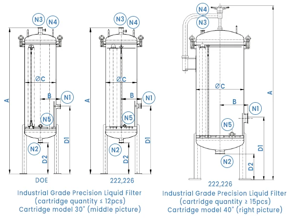 Annotated industrial precision liquid filter housing drawing