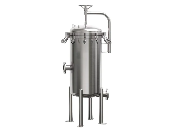 An industrial precision liquid filter housing on a gray background
