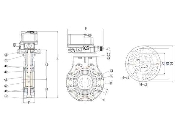 KBVE new electric actuated butterfly valve with part names and size dimensions