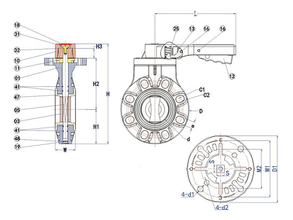 KBVL handle butterfly valve with part names and size labels