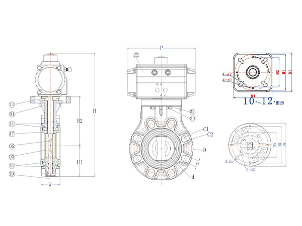 KBVPN new pneumatic actuated butterfly valve with part names and size labels