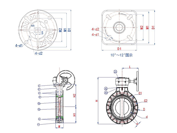 KBVWN new worm geared butterfly valve with part names and size labels