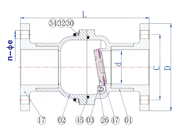 KCVC-200 flanged swing check valve dimensions 1 with part names and size labels