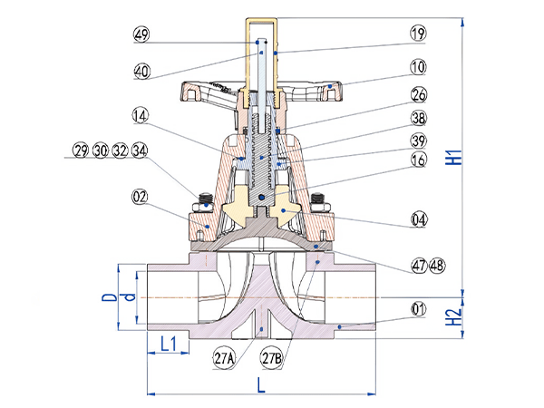 KDVS diaphragm valve socket type with part names and size labels
