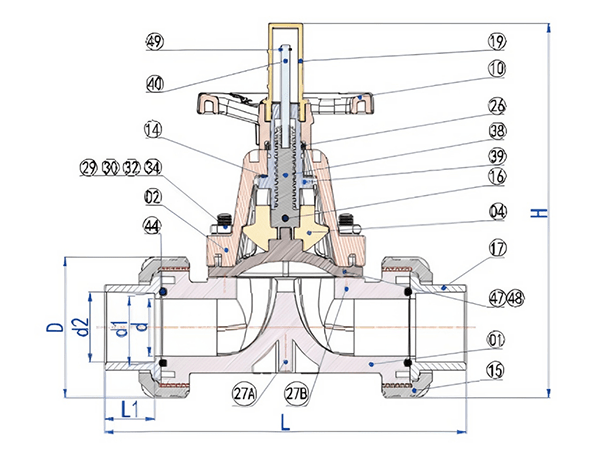 KDVT true union diaphragm valve with part names and size labels