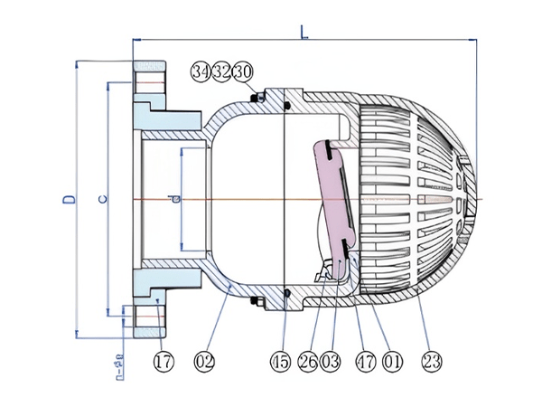 KFVC-200 flanged swing foot valve dimensions 2 with part names and size labels