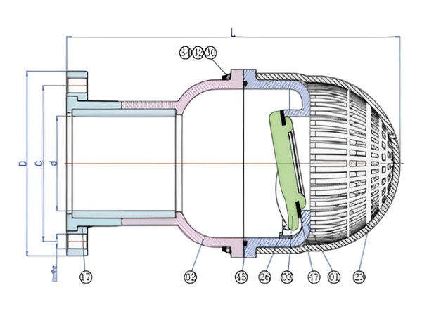 KFVC-200 flanged swing foot valve dimensions 3 with part names and size labels