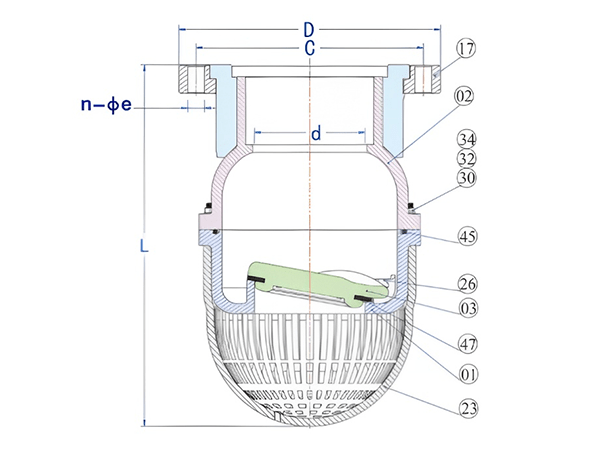 KFVC-200 flanged swing foot valve dimensions 4 with part names and size labels