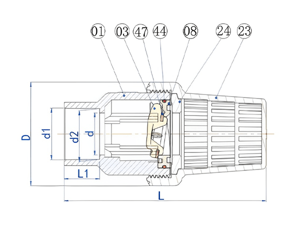 KFVS-100 single union foot valve with part names and size labels