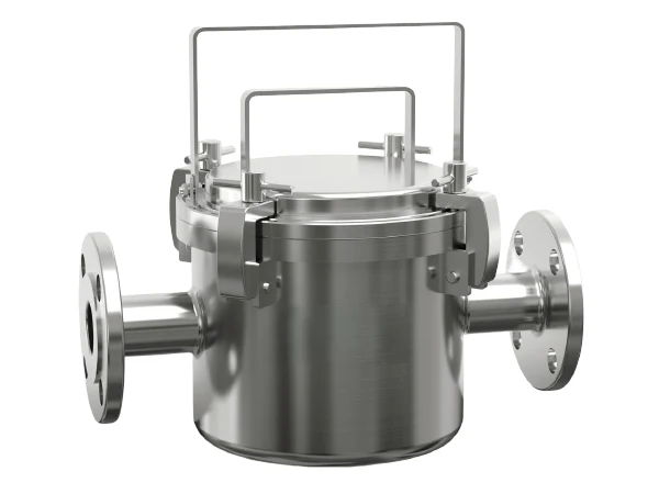 A magnetic fluid filter housing on a gray background
