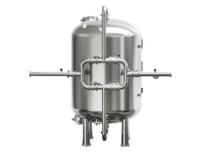 A mechanical filter housing on a gray background