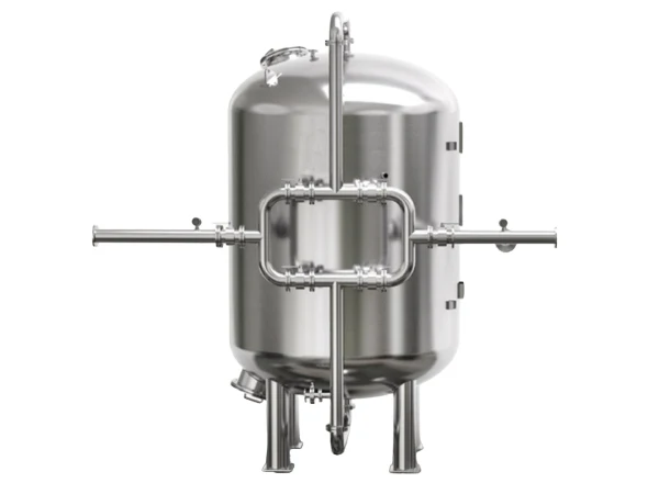 A mechanical filter housing on a gray background