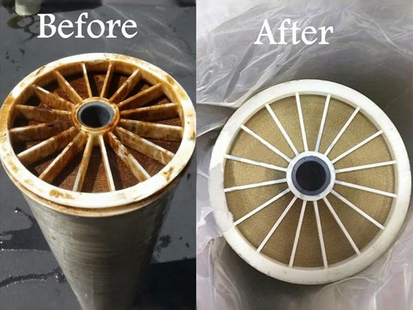 It describes the membrane module before and after cleaning.