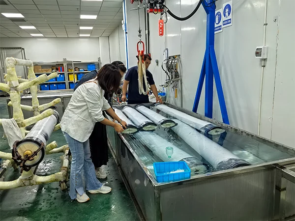 The sales personnel are observing UF membrane test results.