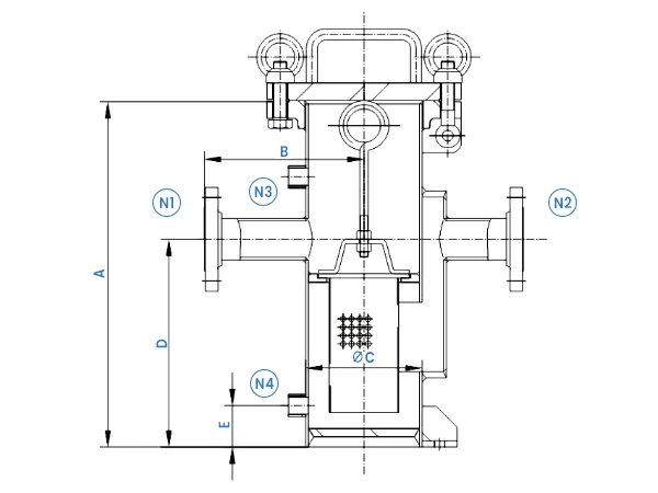 Annotated mesh type filter housing drawing