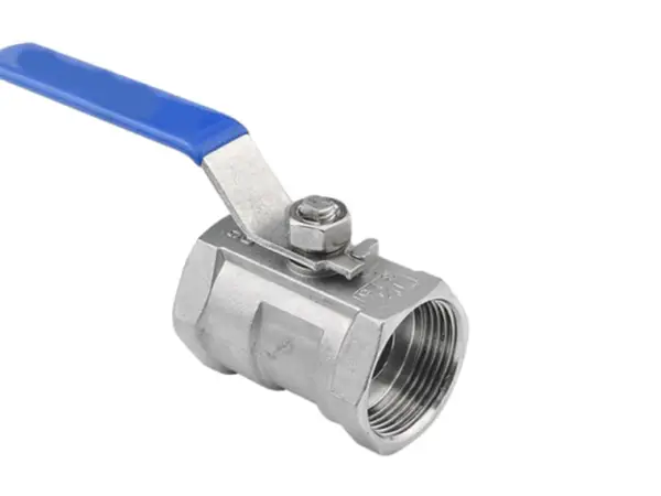 A one-piece metal ball valve placed at an angle