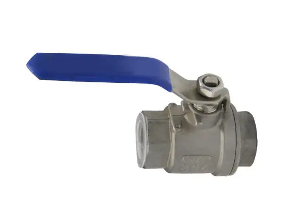 A 2-piece metal ball valve placed upright