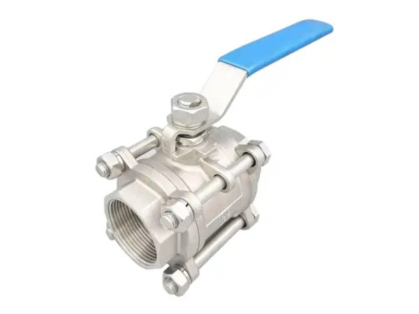 A 3-piece metal ball valve placed at an angle