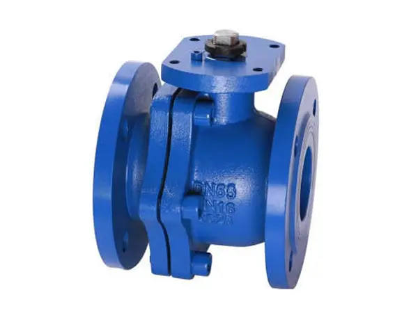 A cast iron 2-piece metal ball valve placed at an angle