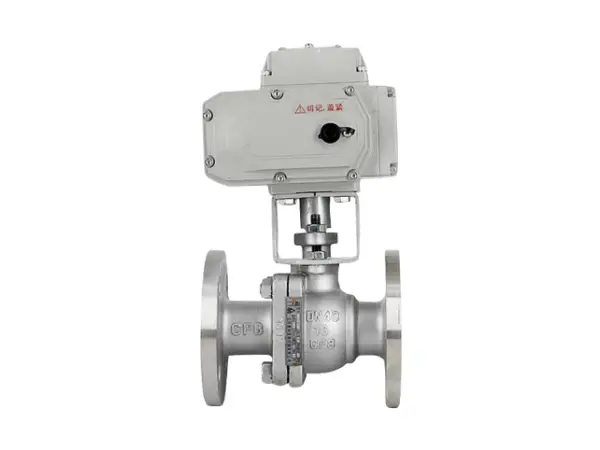 An electric metal ball valve placed in a forward position