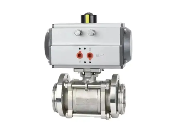 A pneumatic metal ball valve placed in a forward position