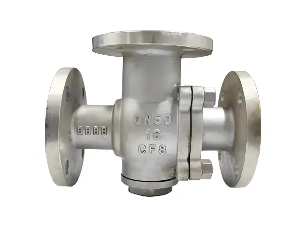 A 3-way flange metal ball valve placed in a forward position