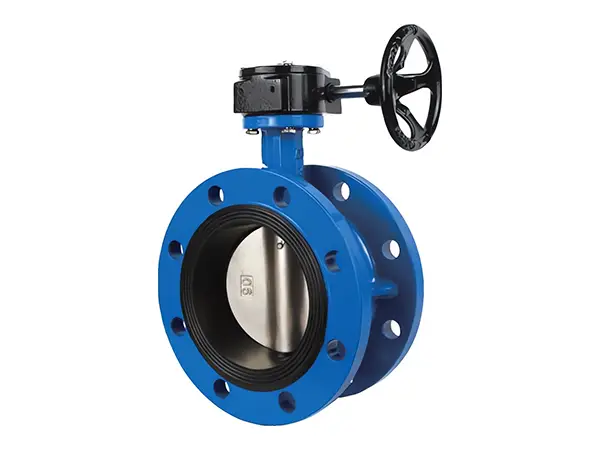 An inclined flanged metal butterfly valve