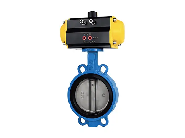 A upright pneumatic metal butterfly valve