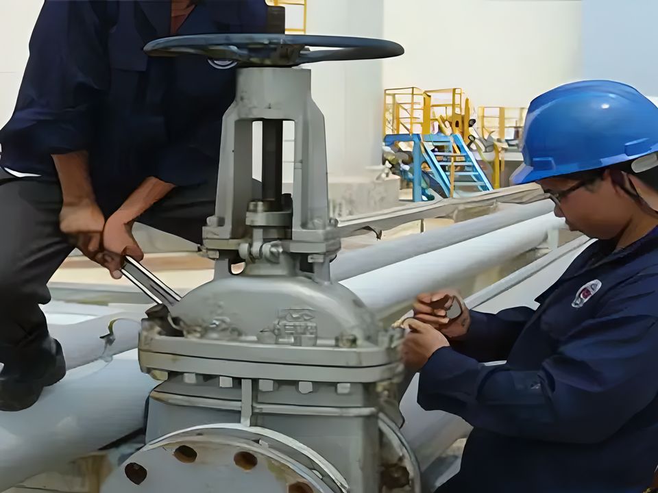 2 workers are installing a metal gate valve
