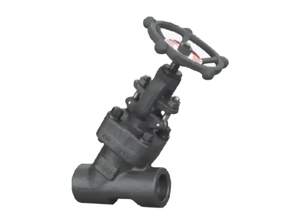 A y-type metal globe valve placed in a forward position