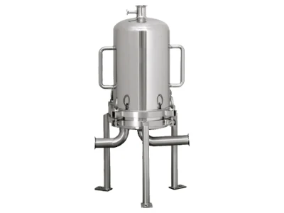 A multi cartridge sanitary filter housing on a gray background