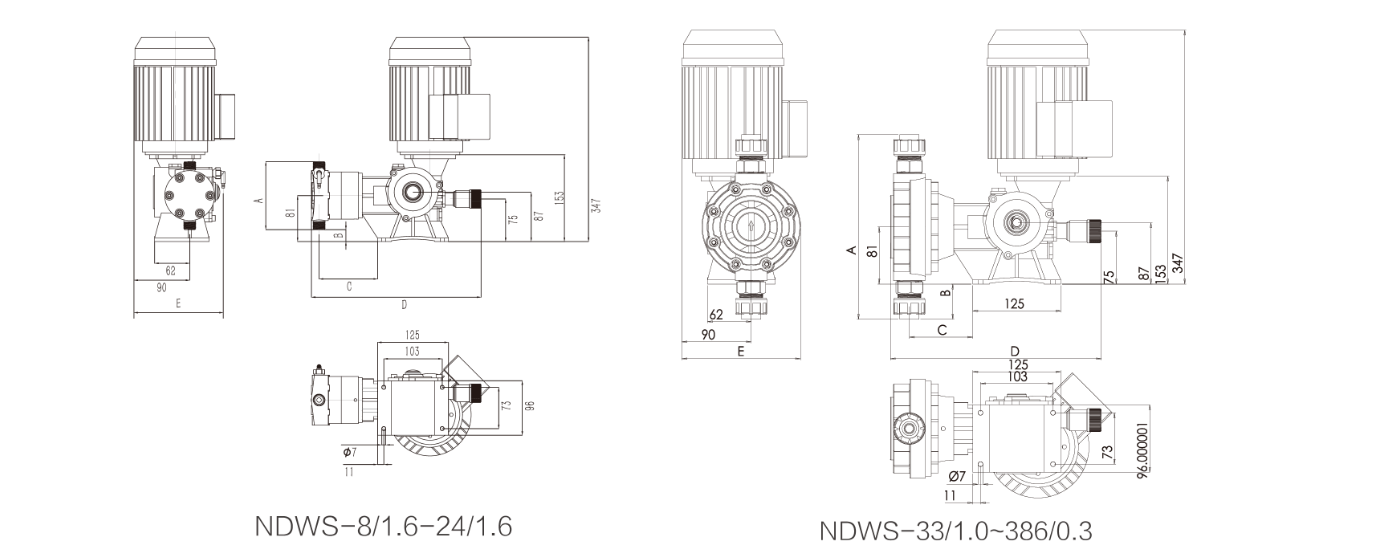 NDWS mechanical motor dosing pump installation dimensional drawing